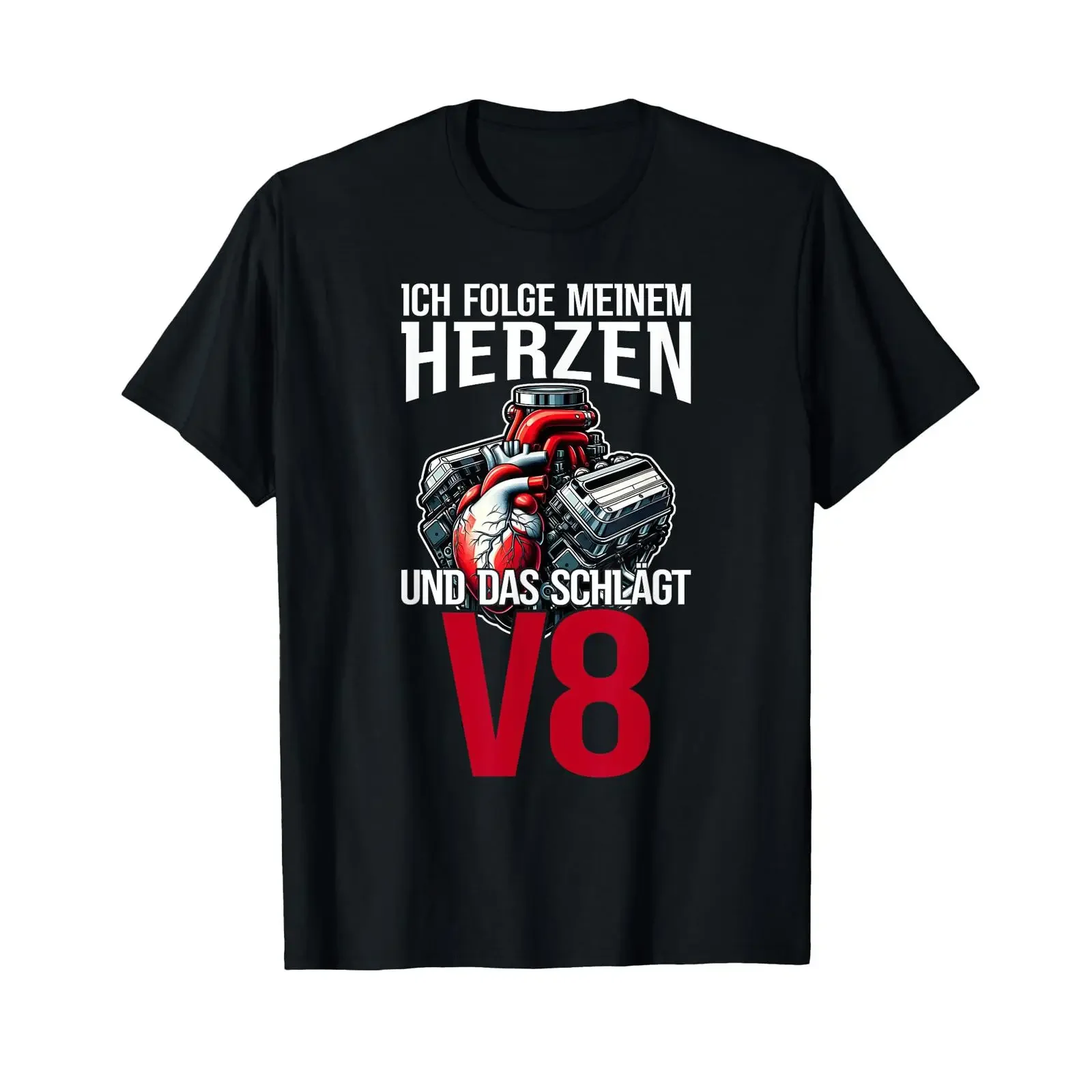 T Shirt with German Text Mein Herz schlägt V8 Motor und Auto Tuning Hubraum black vintage Washed graphic Soft Comfortable