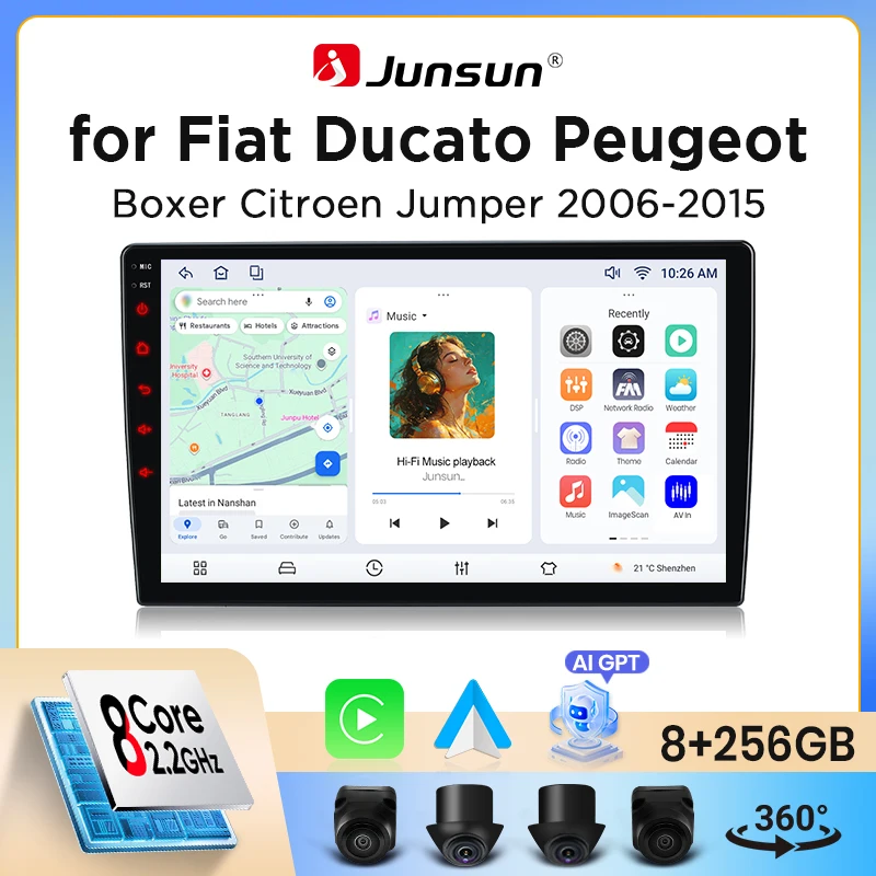 Autoradio Junsun sans fil CarPlay Android Auto pour Fiat Ducato / Peugeot Boxer / Citroen Jumper (X250) 2006-2014 avec ventilateur de refroidissement intégré, navigation GPS Android, lecteur