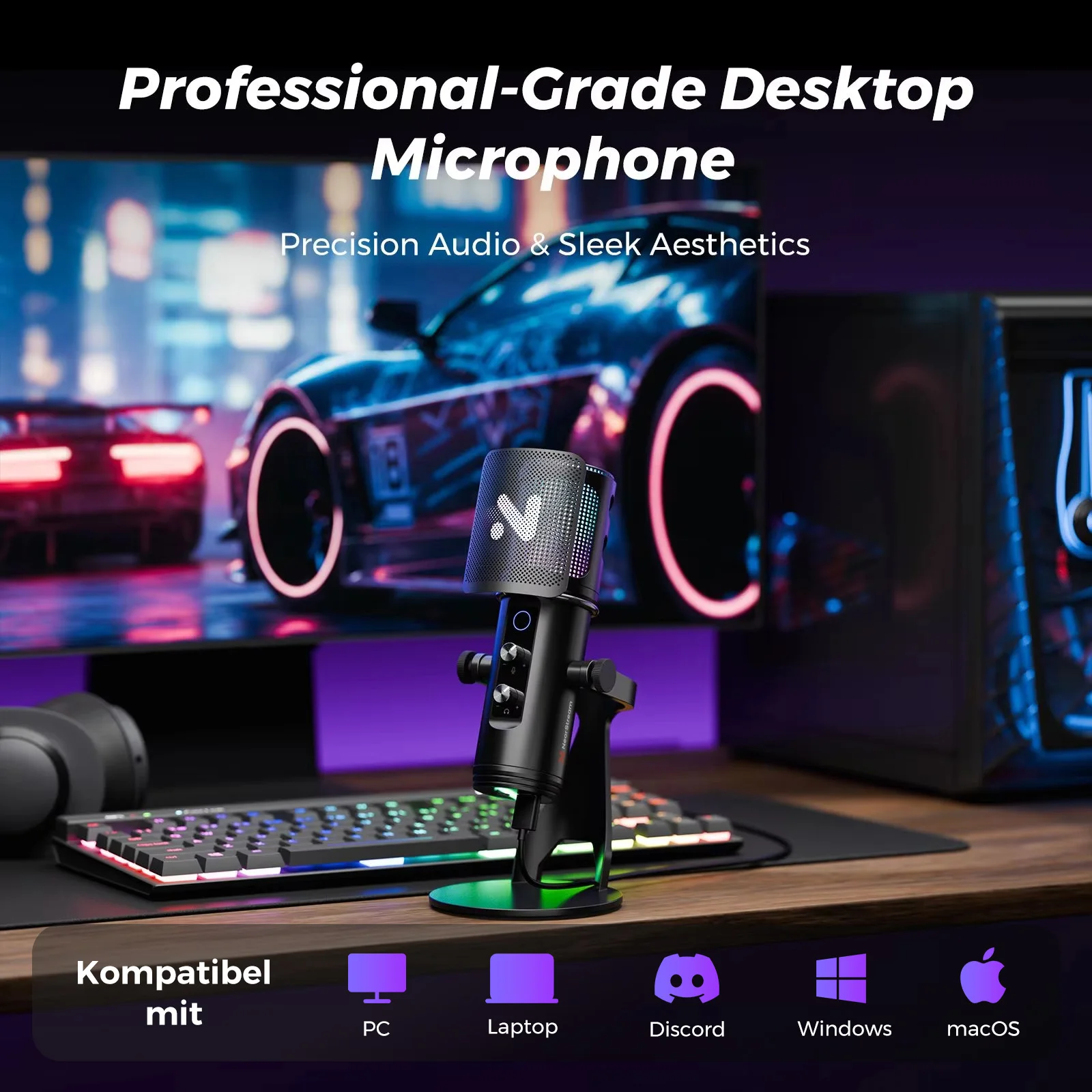 NearStream USB/XLR Condenser Gaming Microphone with 8 RGB Modes Lighting, Noise Cancelling Desktop for Streaming on PC/PS5/Mac