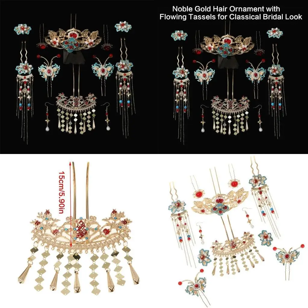 

A52E Antique Fringed Hair Set Chinese Han Fu Dangling Flower Hairpin NonSlip Chopstick Hair Pin for Bride Wedding