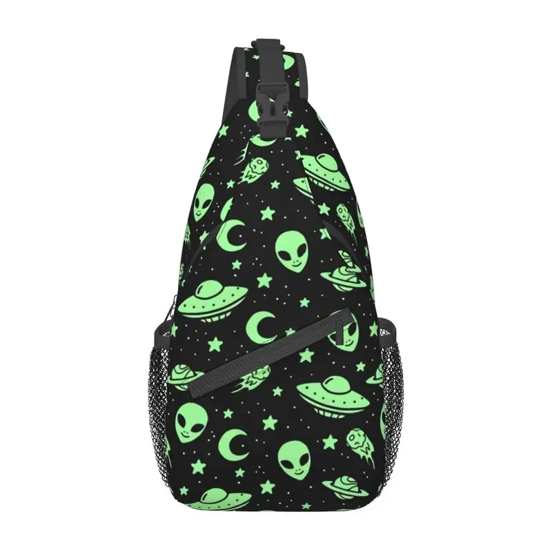 

Green Alien UFO Moon Sling Crossbody Backpack Men Custom Chest Shoulder Bag for Cycling Camping Daypack