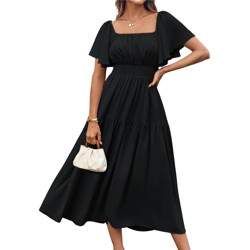 FX-Women's Summer Short Sleeve Square Neck Smocked Waist Casual Vacation Tiered Flowy Maxi Dress