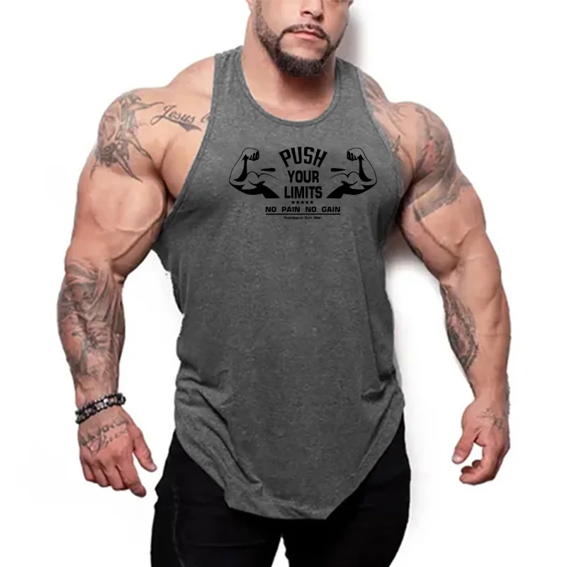 Summer Men Y-back Muscle Clothing Plain Gym Workout Pumping iron Cotton Training Gray Comfortable Cotton Training Shirt Tank Top