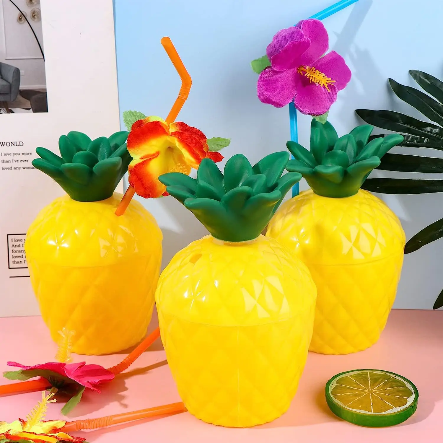 Fashion PP Pineapple Cups With Straws Water Bottle Drinkware For Summer Party Swimming Pool Kitchen Accessories Camping Children