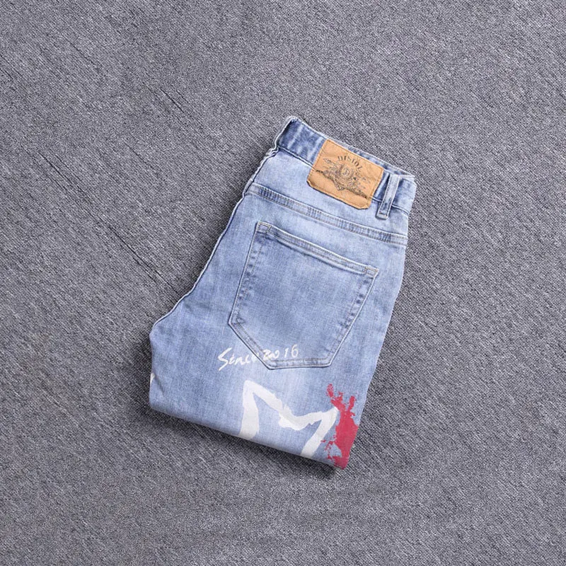 Street Fashion Men Jeans Retro Light Blue Slim Fit Ripped Jeans Men Punk Trousers Printed Designer Hip Hop Denim Pants Hombre