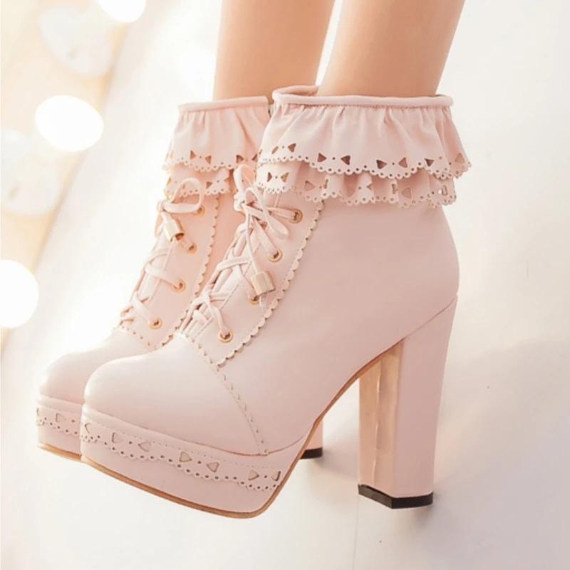 

Autumn Winter Women's Ankle Boots Platform White Black Pink Sweet Short Boot Lace up Footwear Lolitas Shoes Girls Big Size 45