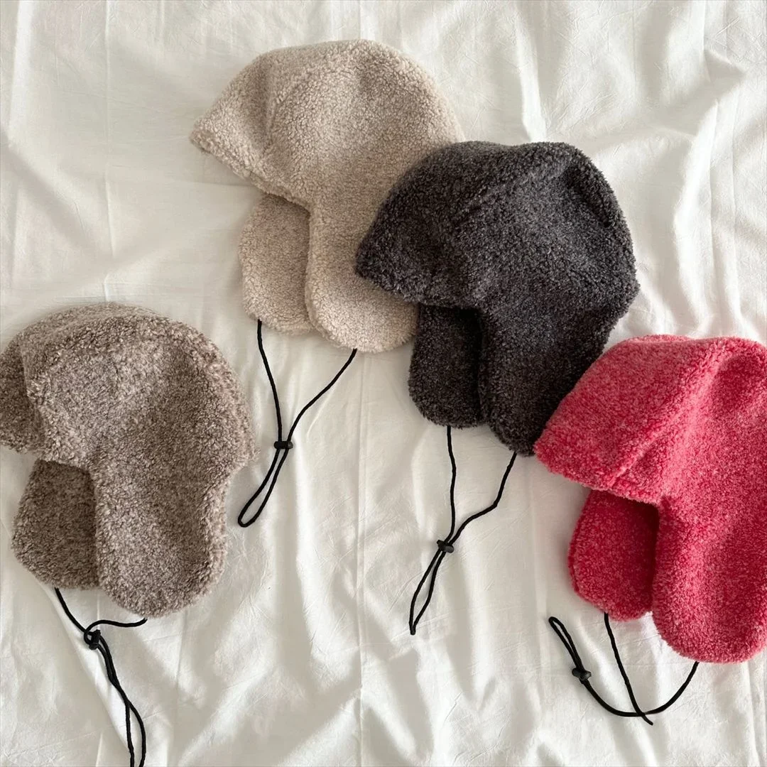 

Baby Boy Girl Hat New Children's Hat Plush Thickened Windproof Earflap Cap Winter Warm Fleece Lining Adjustable Drawstring
