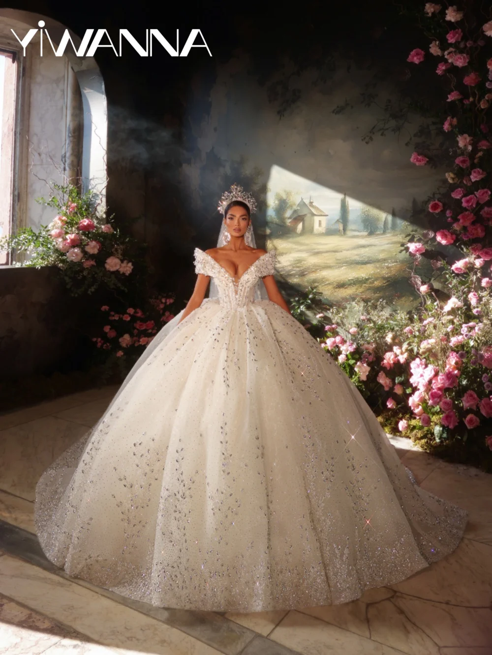 

Silver Crystal Gorgeous Wedding Dress Dreamy Deep Vneck Off Shoulder Bridal Gown 2026 New Customized Elegant Dresses For Bride