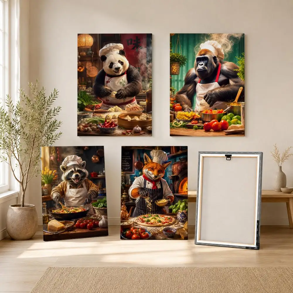 Gorilla cooking kitchen Framed Wall Painting Ready to Hang Canvas Art Poster for Living Room Bedroom Home Decor