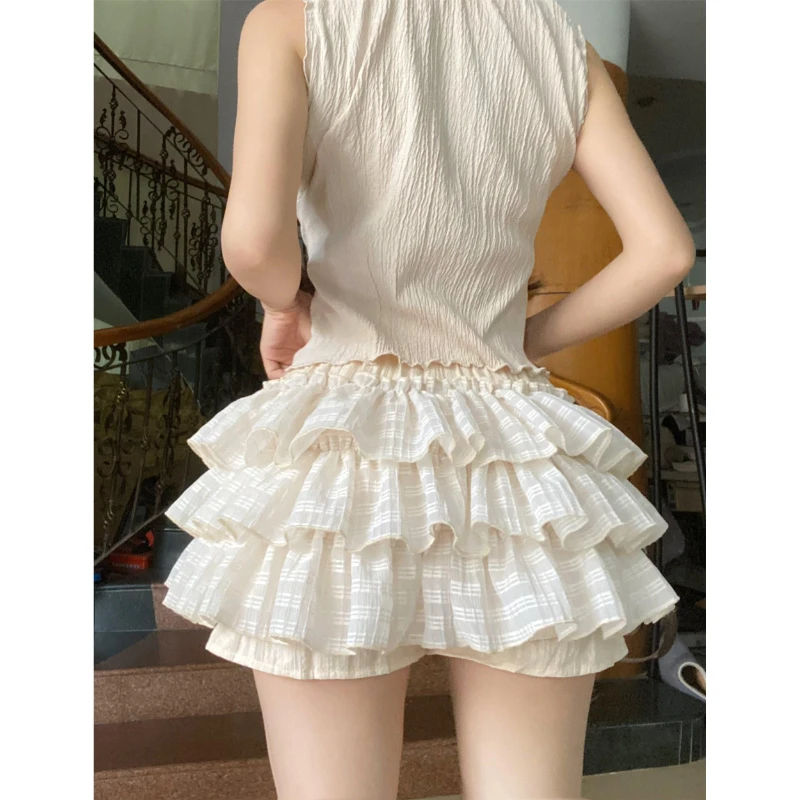 Deeptown Kawaii Lolita damska spódnica spodenki z falbanami Fairycore styl japoński urocza krótka spódniczka słodka, warstwowa, patchworkowa krótka spódniczka