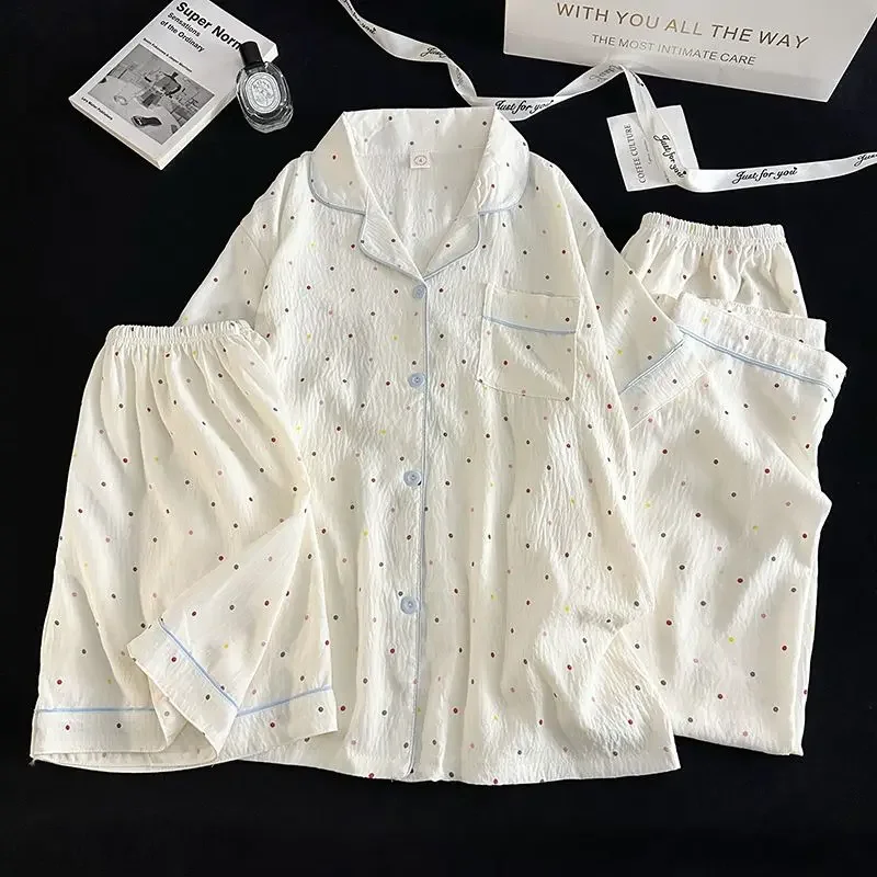 Polka Dot Elegant Women 3PCS Pajama Set Sleepwear Pajama Set Top and Pant with Shorts 3 Piece Set Home Suit Sweet Outfits Y2K image 2
