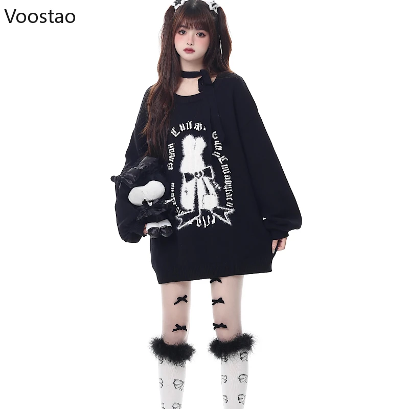 Vintage Rabbit Jacquard Knitted Pullovers Women Y2k Aesthetic Grunge Red Sweater Coat Korean Female Harajuku Loose Knitwear Tops