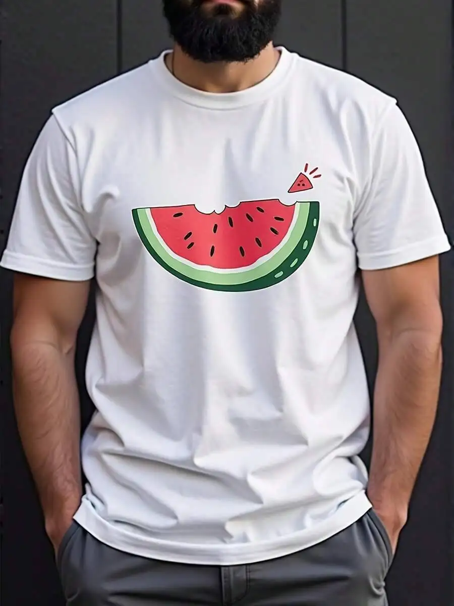 Men's Funny Watermelon Slice Graphic T-Shirt - White Casual Short Sleeve Round Neck Summer Tee With Bite Mark & Seed Design, Women's and Men's Unique Prints, Comfortable, Soft, Holiday Gift, Personalized