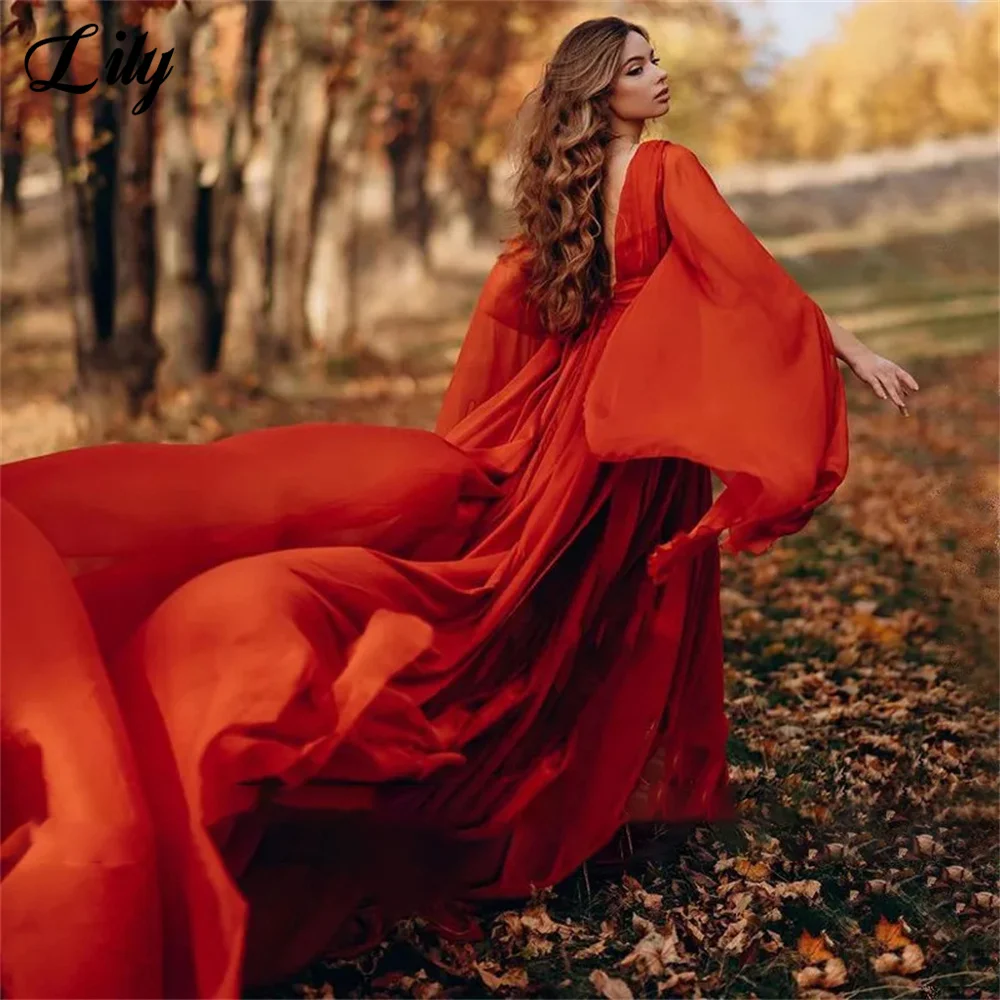 Lily Orange V Neck Prom Dresses Chiffon Evening Dresses Gowns Full Sleeves Ball Gowns Pleat Night Dresses Gowns robes de soirée