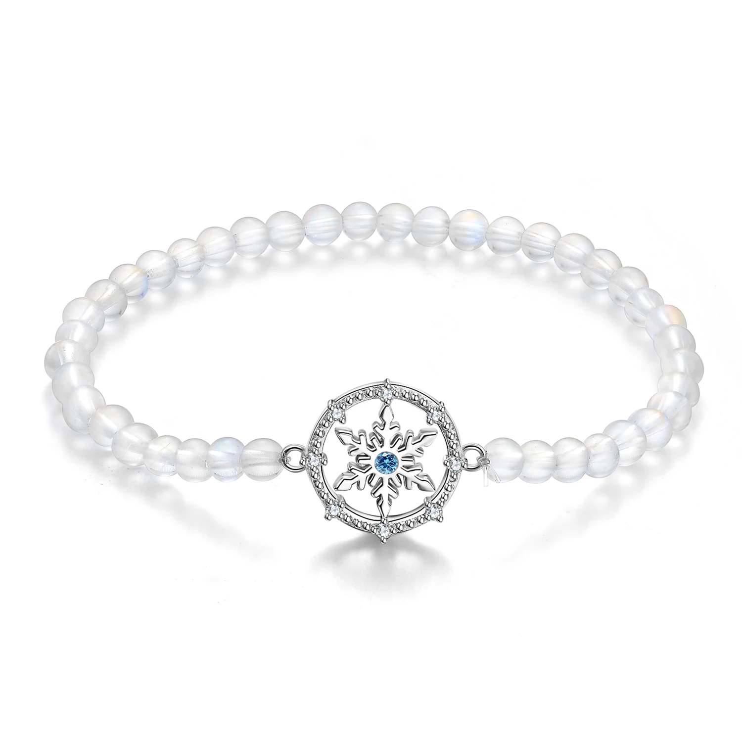 JIUHAO 925 Sterling Silver Snowflake Bead Natural Transparent Moonstone Elastic Bracelet Forever Love Women Fashion Bracelets