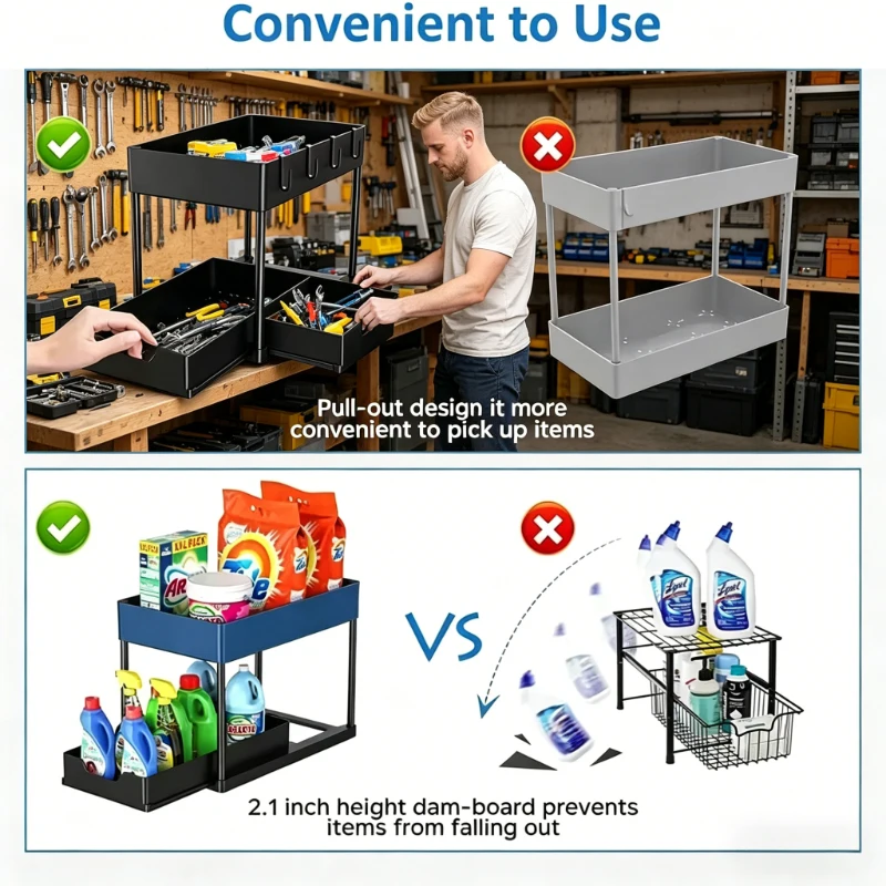 

2-Tier Sliding Under Sink Organizer Cabinet Basket Storage Rack with Hooks & Hanging Cup, Multi-Purpose Storage Kitchen