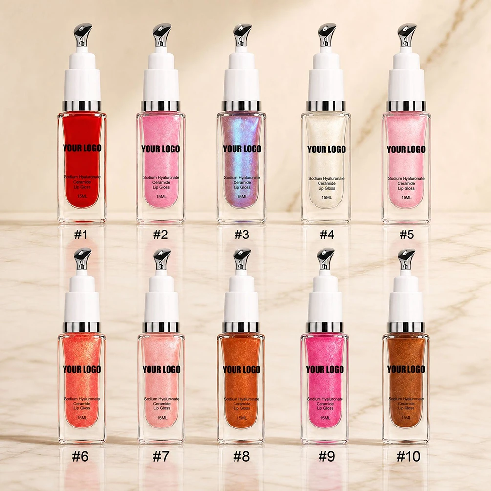 10 Color Ceramide Lip Gloss Massage Tip Private Label Custom Logo Vegan Makeup Wholesale Silver Rim White Cap Nourishing Shine