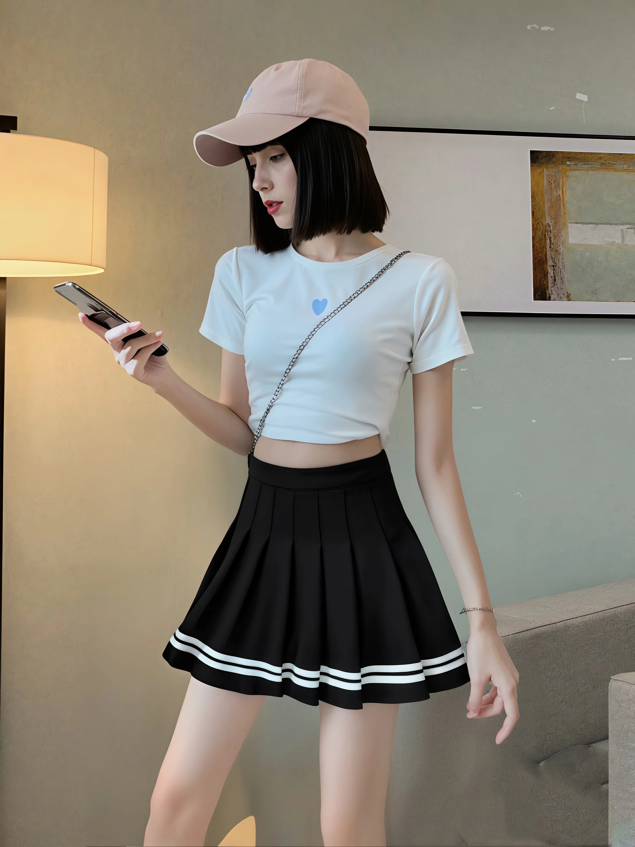 Damen-Minirock mit hoher Taille, plissiert, schwarz, gestreifter Saum, A-Linie, Preppy-Stil, JK-Uniform, kurzer Rock mit Innenhose – Detail 6