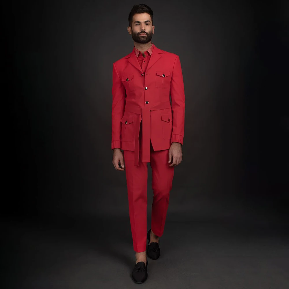

Formal Red Suits for Men 2 Piece Jacket Pants Sets Chic Single Breasted Notch Lapel Slim Fit Male Clothing Customzied Outfits