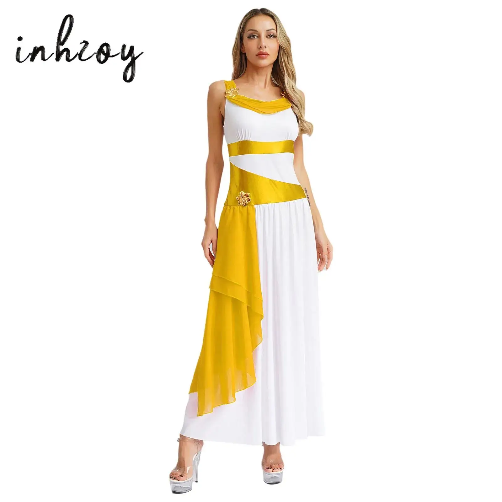 

Womens Ancient Grecian Queen Cosplay Costume Sleeveless Flower Decro Color Block Chiffon Dress Halloween Party Role Play Costume