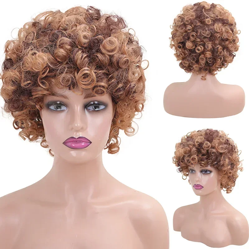 8インチのブラウンのアフリカのカーリー合成ウィッグは黒人女性に適しています。 ふわふわ、ナチュラル、耐熱性があり、日常使いに最適です。