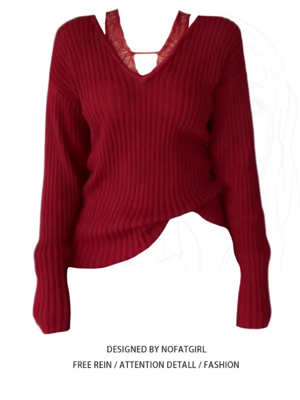 

Свитер женский Cisas Aosphere больших размеров, свободный, вязаный, с кружевными вставками, V-образным вырезом, осенне-зимний, в корейском стиле, повседневный, с длинными рукавами