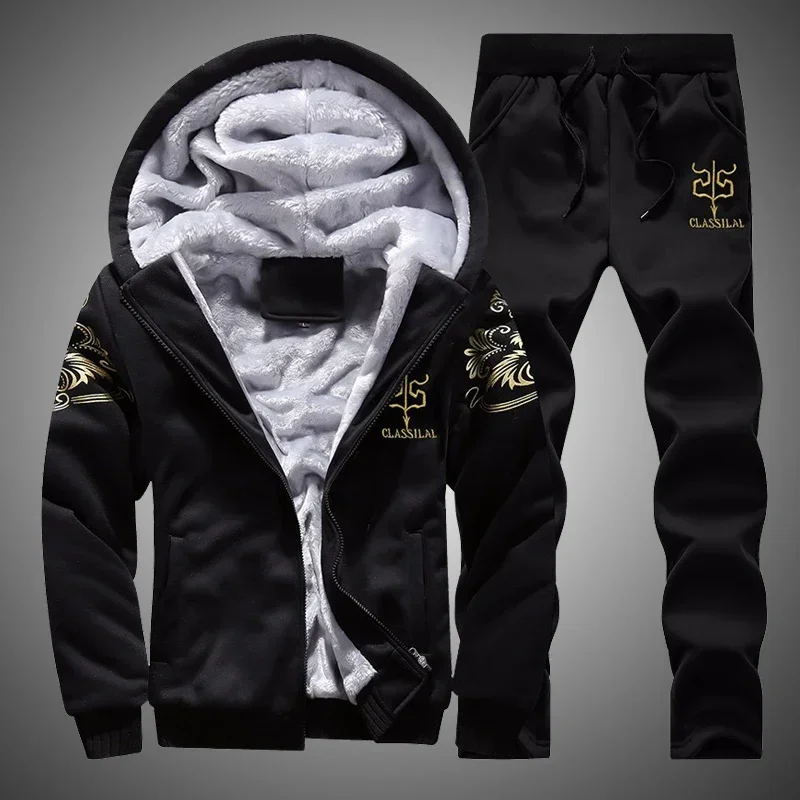 

Thicken Warm Sweatshirts Sweatpants Sets Husband Students Coat 2025 New Tracksuit Set for Men Sweater 2-piece Winter Hooded Mans