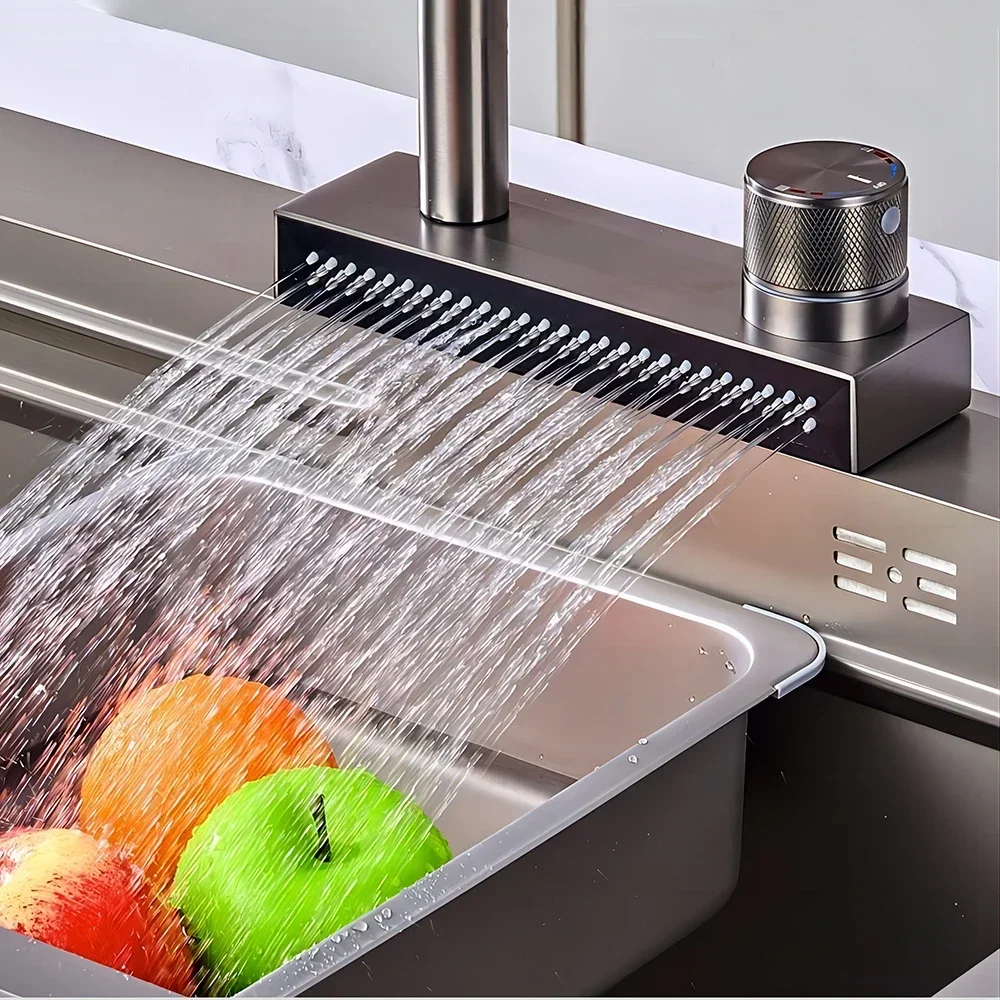 China Black Waterfall Kitchen Faucet with Pull Down Sprayer Sink Faucets Single Handle Grey Mixer Tap