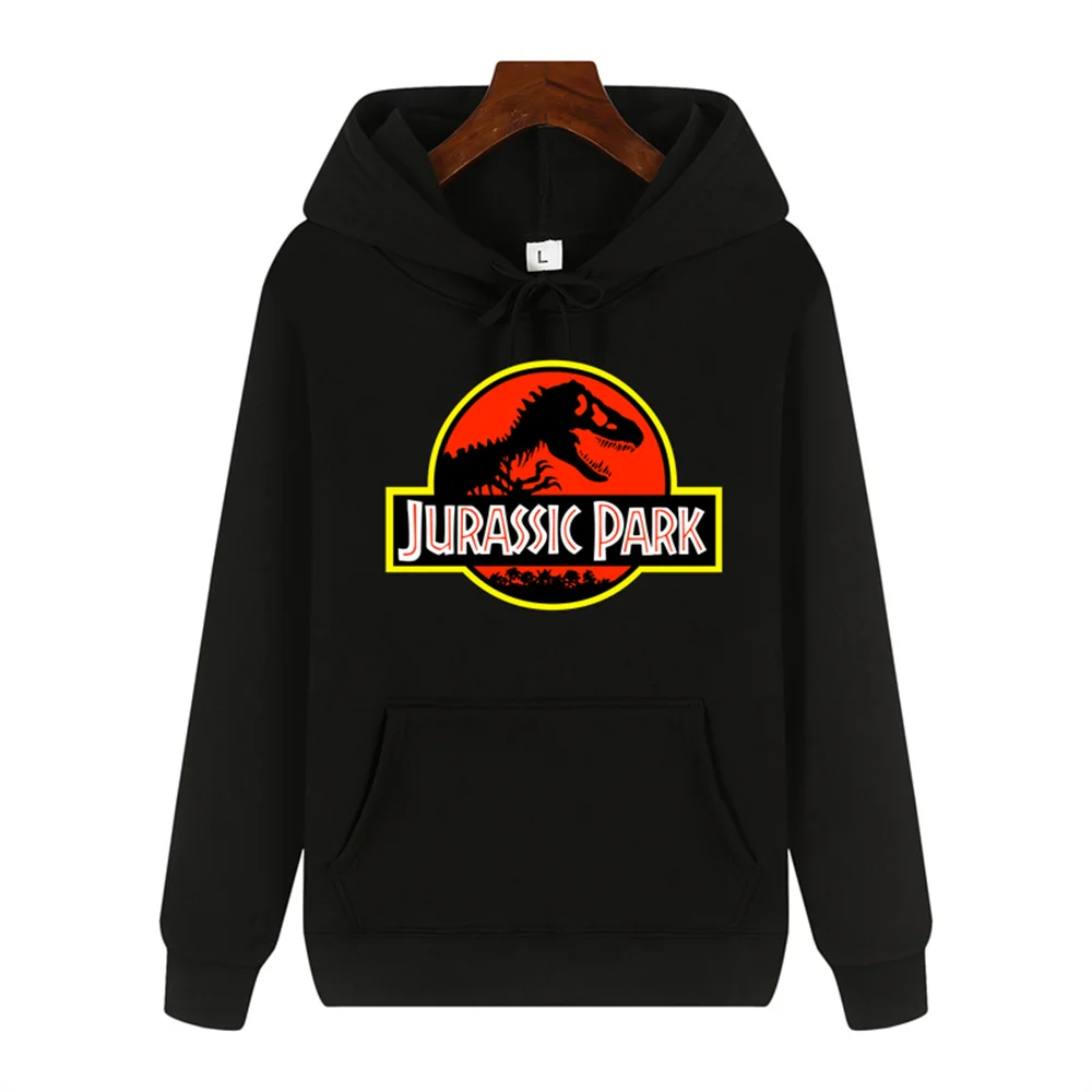 Men\'s high-end quality Jurassic Park pattern print Autumn Winter thick warm outdoor hooded hoodie Harajuku