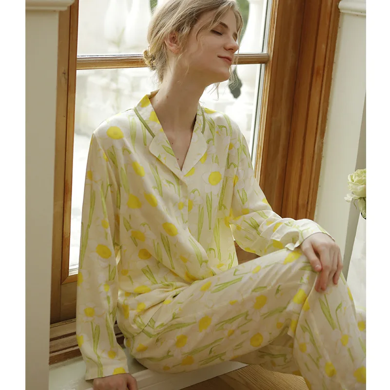 Autumn 2022 Pajamas for Women Satin Daffodils Printed Long-sleeved Trousers Pijamas Viscose Floral 2 Piece Sets Grace Home Wear