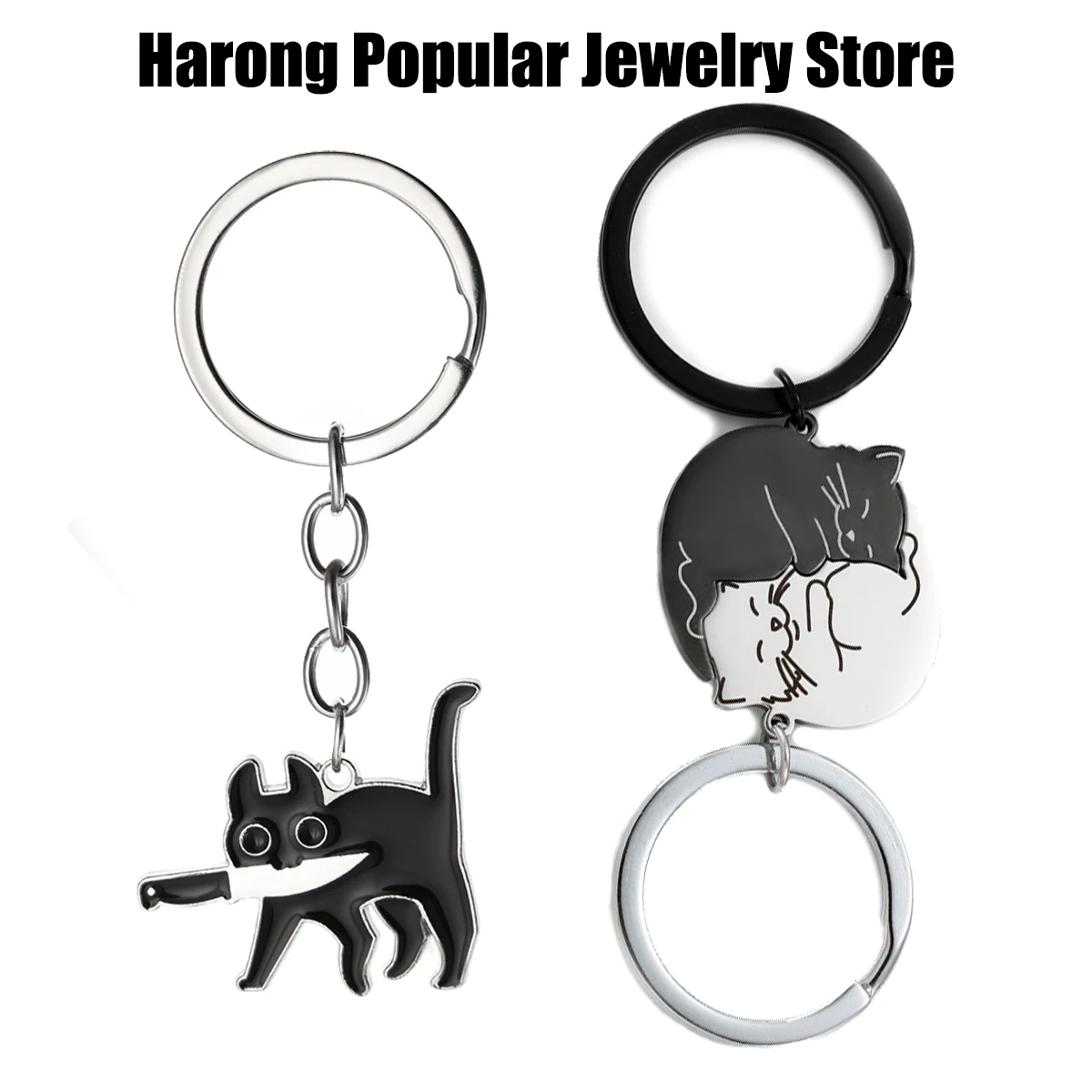 Harong Cute Cat Stainless Steel Keychain Creative Cartoon Kitten Animal Key Ring Waterproof Popular Gift for Girlfriends Couples