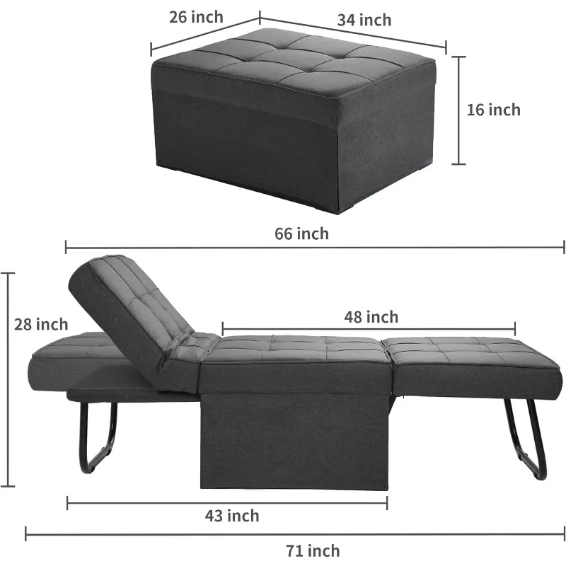 Sofa Bed, 4 in 1 Multi-Function Folding Ottoman Breathable Linen Couch Bed with Adjustable Backrest Modern Convertible