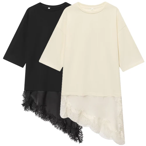 Imagen 2 del producto Camiseta de Mujer HXAO, Camiseta Holgada con Encaje, Primavera Verano 2026, Moda Y2K, Color Blanco Hueso, Manga Corta, Elegante, Camiseta Larga