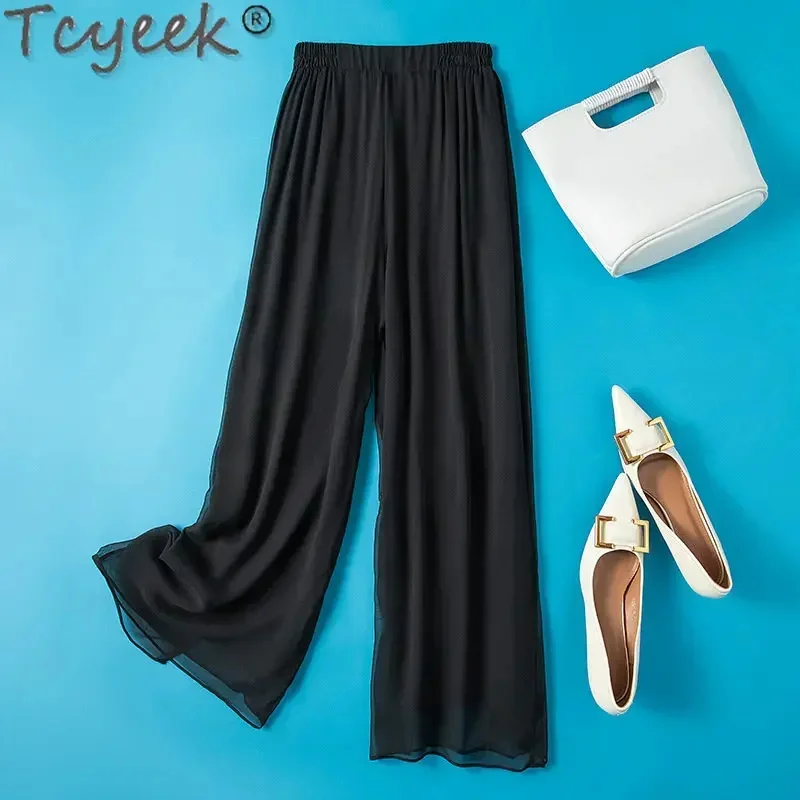 Tcyeek-Pantalon à jambes larges pour femme, taille élastique, vêtements d'été, longueur de rinçage, surintendant ser, mode