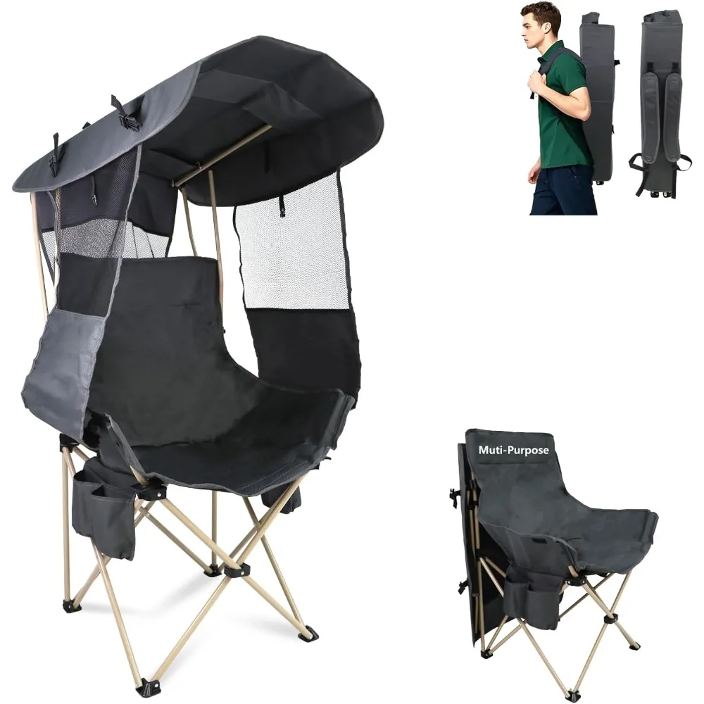 

Outdoor folding camping chair: Portable beach chair with canopy - Camping chair with shade at Fishing camp (regular, grey)