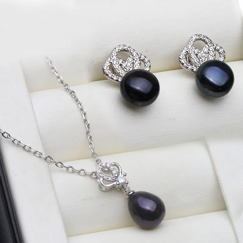 

Natural Freshwater Pearl Necklace Earring Set For Women,925 Silver Pearl Jewelry Set Wife Mother Birthday Gift White BLack