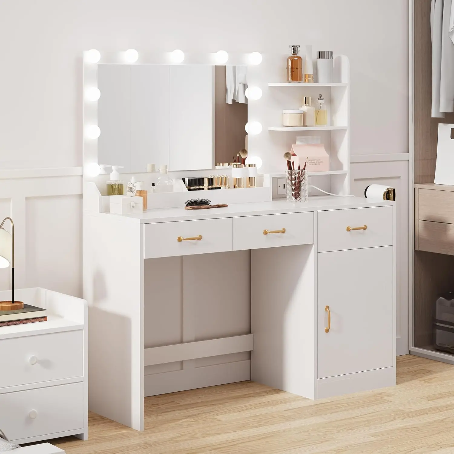 Vanity Desk with Mirror and Lights, Makeup Vanity with Power Outlet & 11 LED Bulbs, White Dressing Table with 3, Customized
