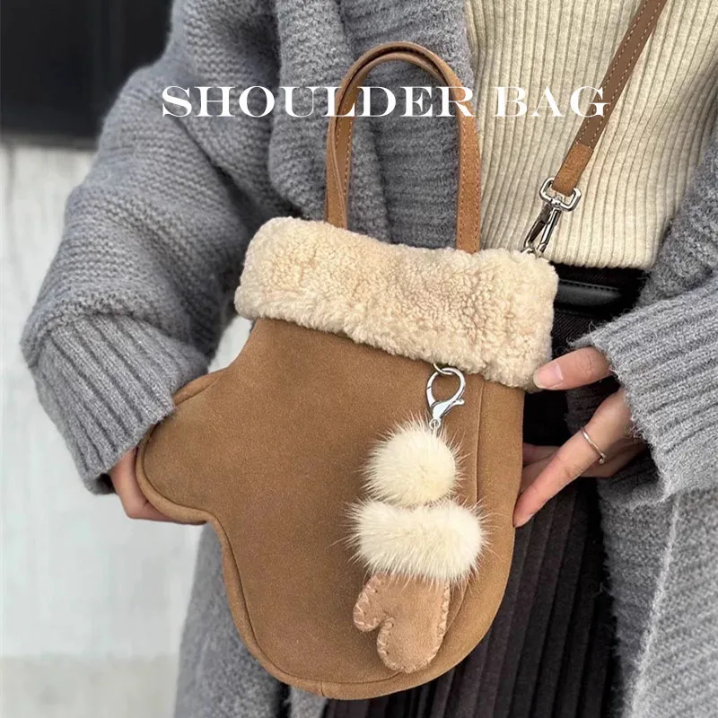 

Women Cute Gloves Shape Bag Winter Fashion Suede Crossbody Handbag With Faux Fur Trim Portable Ladies Casual Shoulder Bag