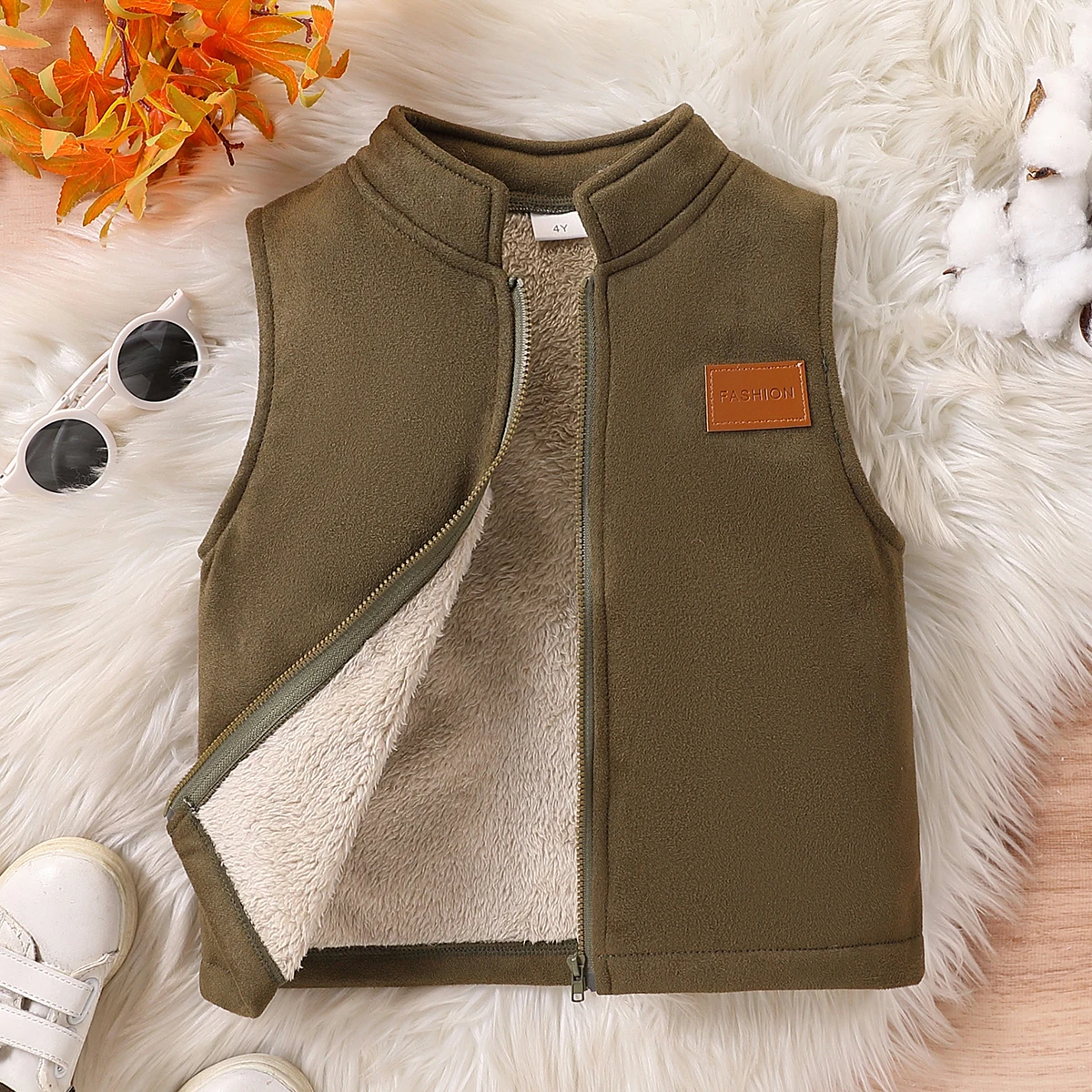 Jungen Winter Fleece-Weste Dicker Leder-Stehkragen Lässiger Reißverschluss Modische Kleidung für Kinder – Detail 2