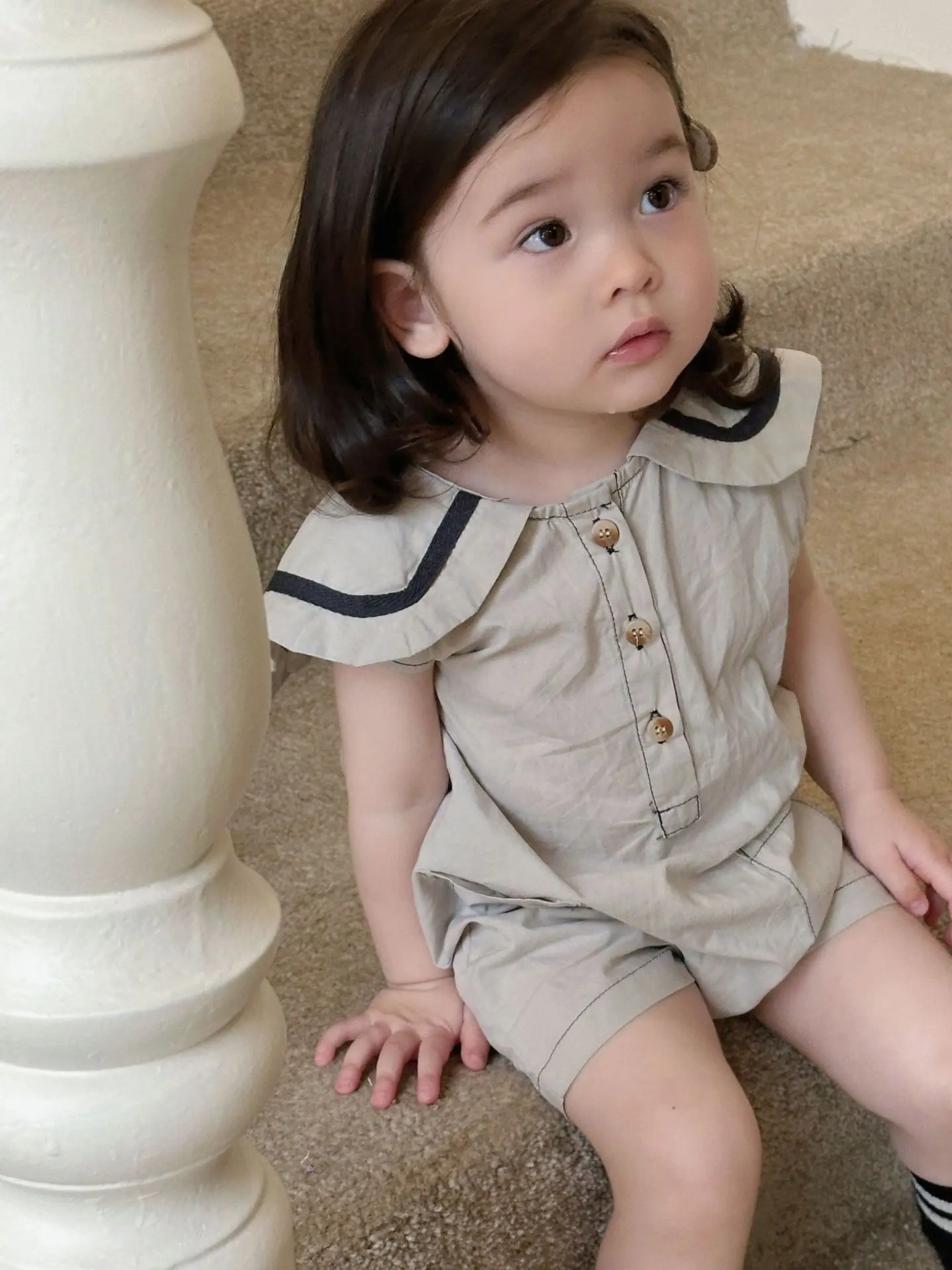 2025 Summer New Baby Girl Sailor Collar Romper Newborn Toddler Sleeveless Cotton Jumpsuit Infant Solid Versatile Clothes 0-24M