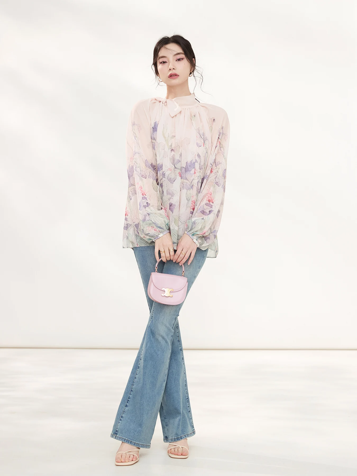 

Spring Summer New Style Silk Printed Sash Shirt Women's High End Feeling Silk Top Small Stand Collar Korean Version ...