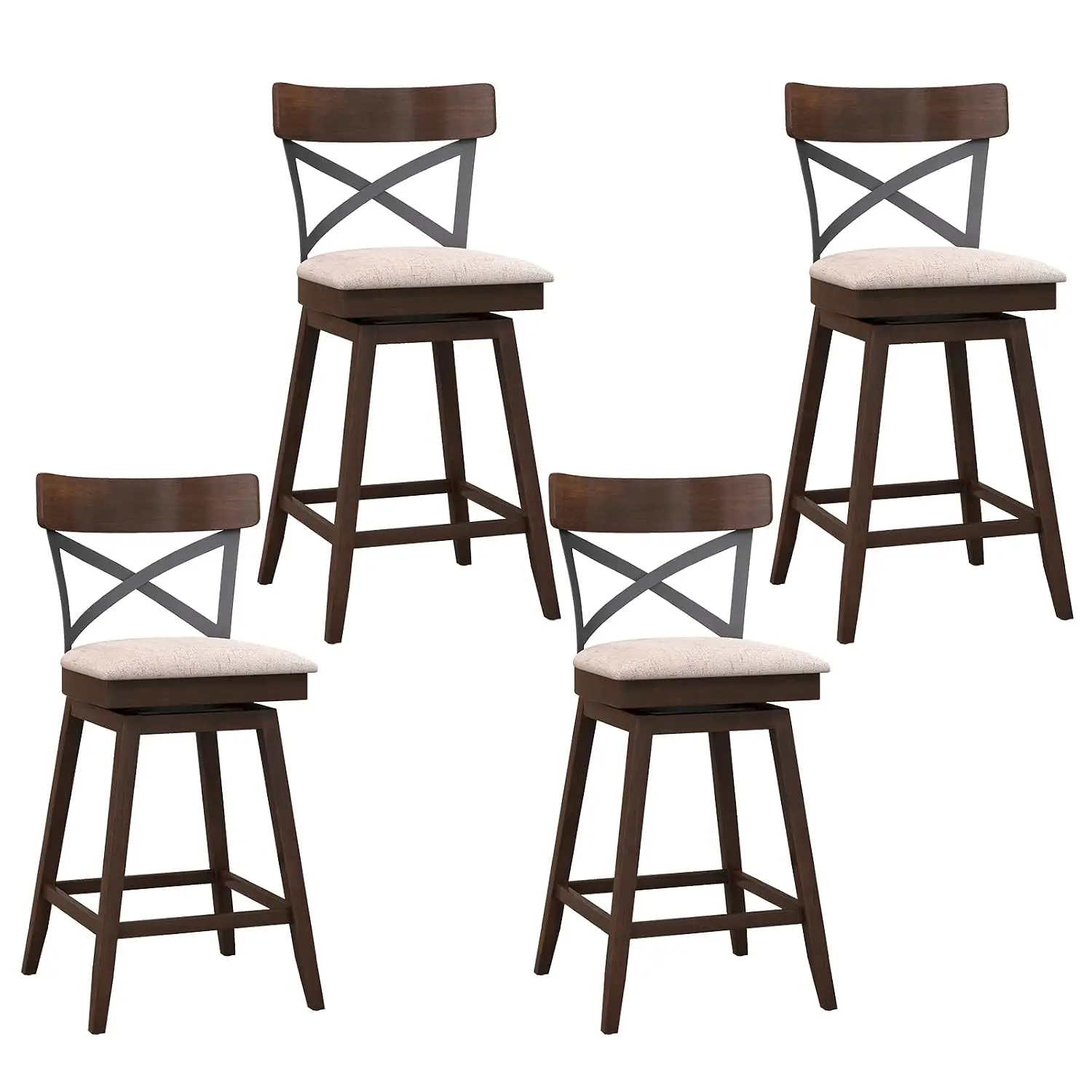 Swivel Bar Stool 4 PCS, 25 Inch Ergonomic Counter Height Chair with Cushioned Seat, X Back & Footrest, Wooden Barstool for Kitch