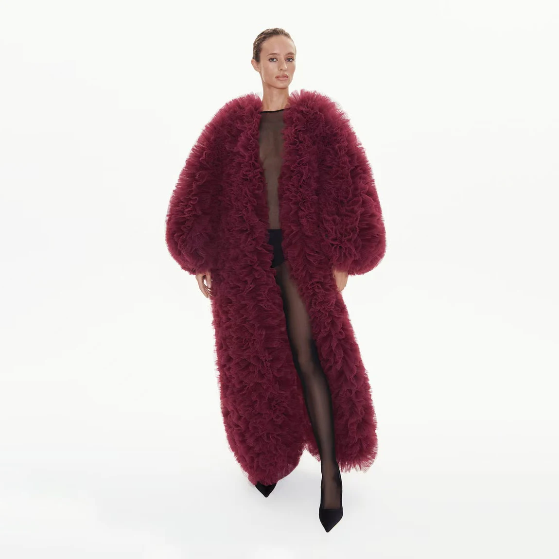 패션 와인 레드 여성 재킷 롱 아브리고 무헤르 과장된 퍼프 튤 러쉬 탑 여성 재킷 소매 러플 블라우스