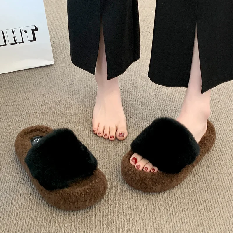 2026 Winter Sot Selling Plush Warm Women's House Slippers Fashionable New Open Toe Thick Soled Simple Style Indoor Women Shoes