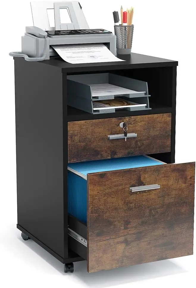 2 Drawer Mobile File Cabinet with Lock, Wood Modern Filing Cabinet for Letter Size, Printer Stand with Rolling Wheels