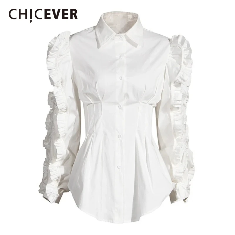 

CHICEVER Elegant Sweet Slim Shirt for Women Lapel Petal Sleeve Spliced Single Breasted Tunic Temperament Blouse Female Fashion
