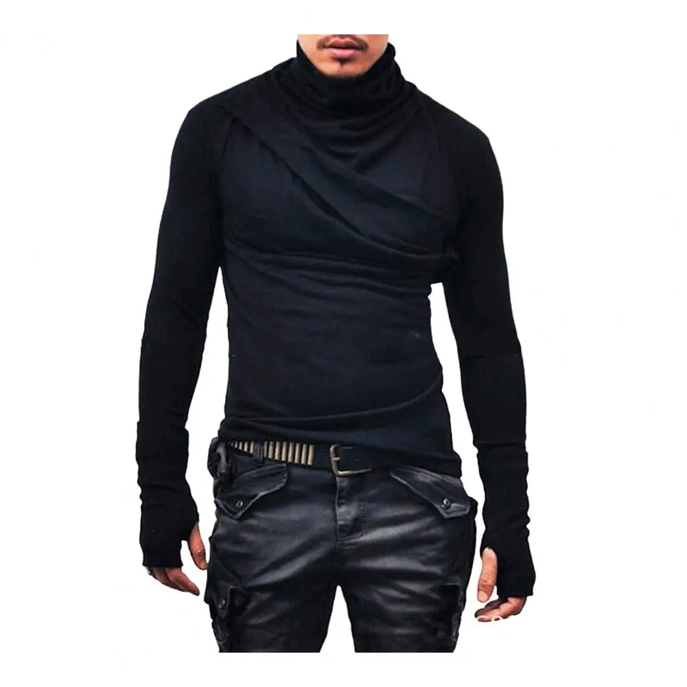 Men Turtleneck Mittens Long Sleeve T-shirt Men Fashion Casual Tee Gloves Male Slim Fit Punk Costume Clothing Top Coats