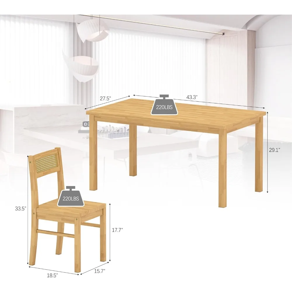 Rustikales 4-Sitzer-Set aus Esstisch und Stühlen aus Holz mit Rattan-Rückenlehne