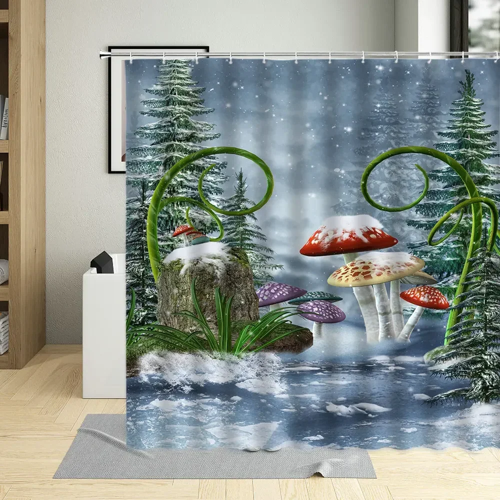 3D Winter Shower Curtain Mushroom House Green Plant Tree Snowfield Scenery Pattern Bathroom Decor Polyester Hanging Curtains Set