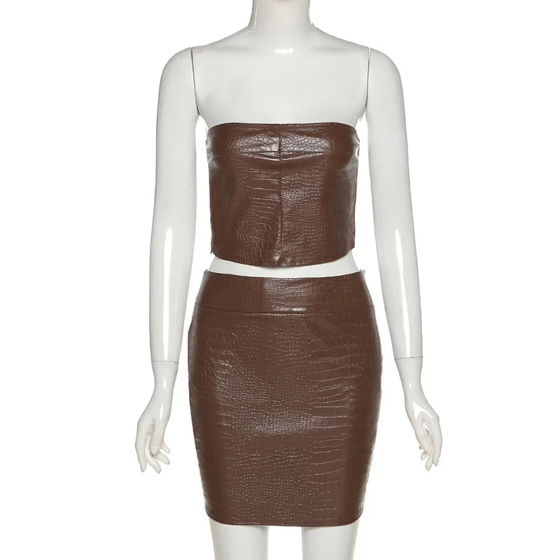 Style 2025 Spring and Summer New Models, Sexy Tube Top and Thin Hip Skirt Women's PU Skirt Set Conjunto Femenino